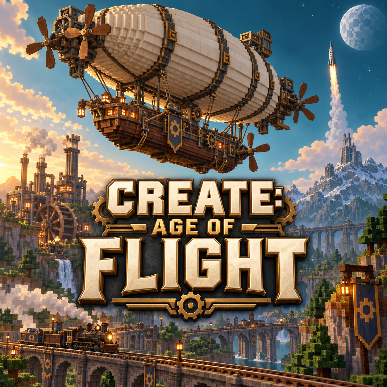 Create: Age of Flight 대표 이미지. 기계식 비행선, 공장과 열차, 우주로 향하는 로켓.